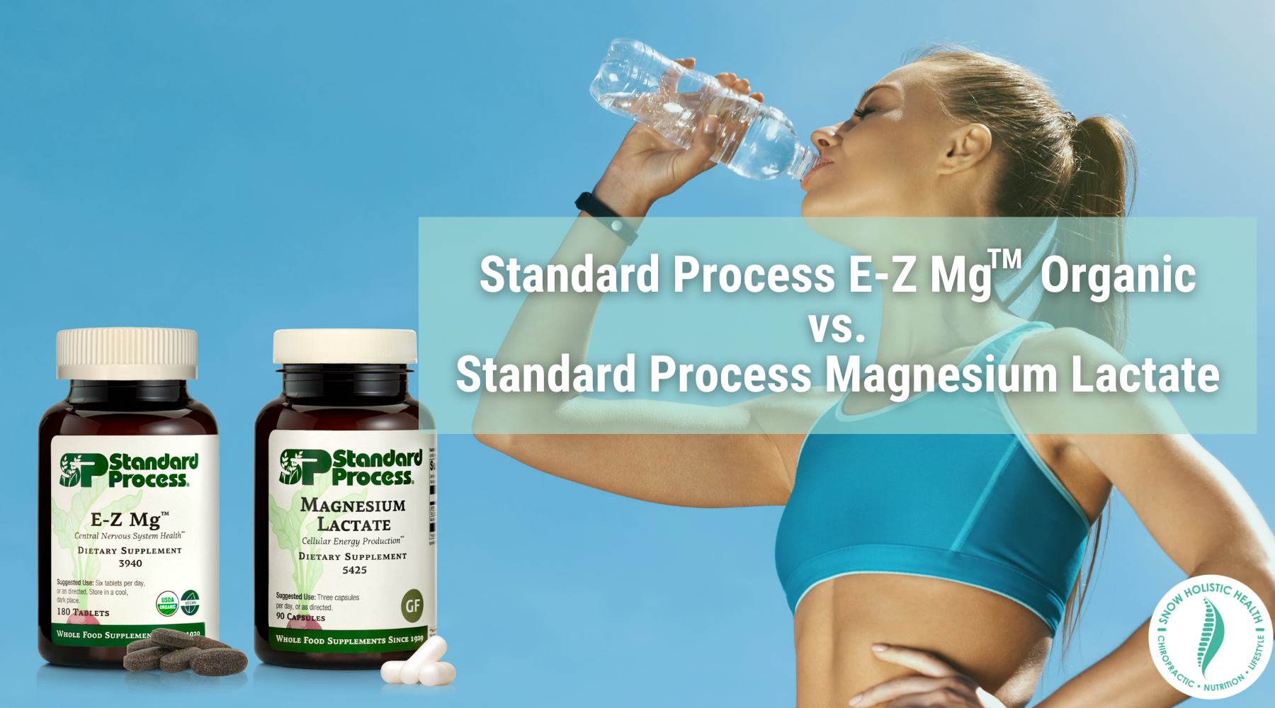 Image of woman in exercise gear drinking water with caption: "Standard Process E-Z Mg TM Organic vs. Standard Process Magnesium Lactate"