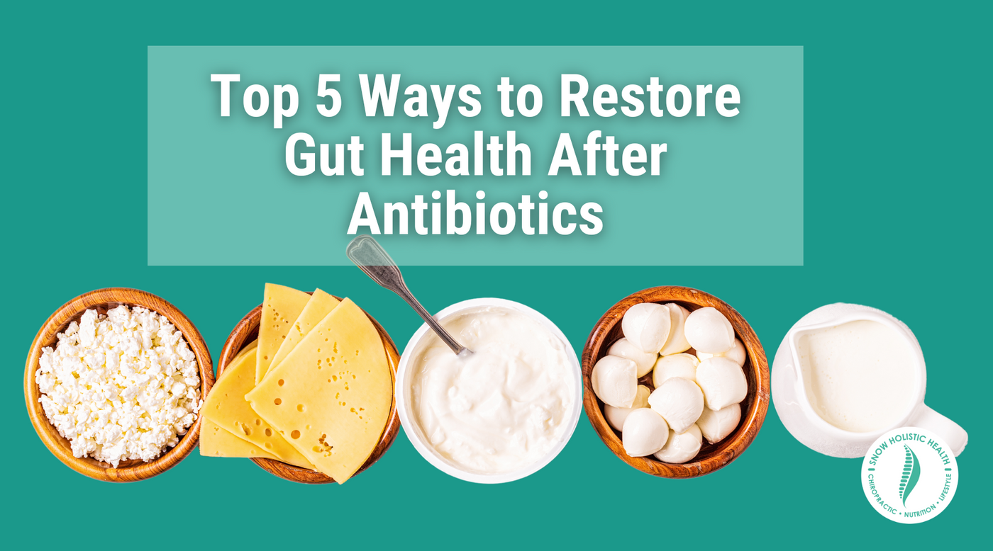 Caption: Top 5 Ways to Restores Gut Health After Antibiotics over line-up of probiotic foods