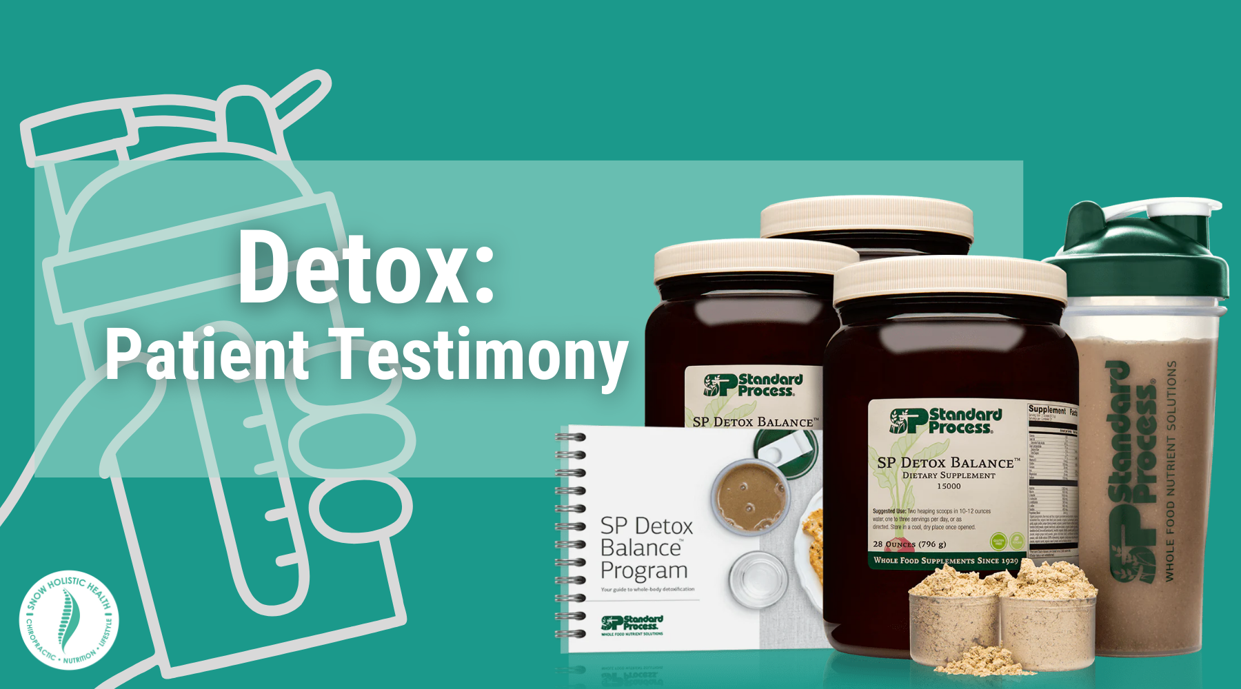 the words detox: patient testimony over an image of a hand holding a shaker bottle and the 28-day detox kit from standard process
