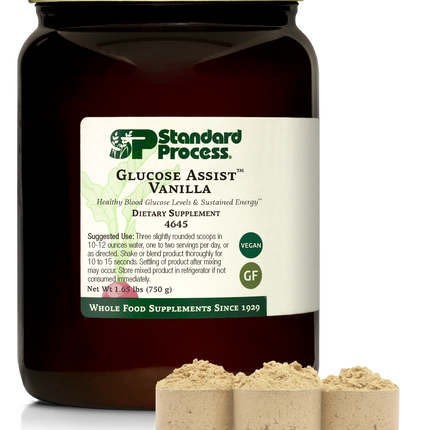 Glucose Assist Vanilla jug next to three scoops of powder