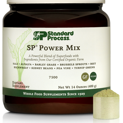 Tub of SP Power Mix next to a scoop of the green powder.