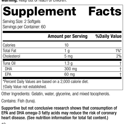 Tuna Omega-3 Oil, 120 Softgels, Rev 11 Supplement Facts