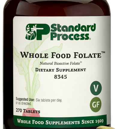 An image of a bottle of Whole Food Folate, next to 6 tablets. 
