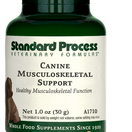 A bottle of Canine Musculoskeletal Support, a powder supplement for dogs’ muscles, ligaments and bone health, next to an image of the powder supplement.