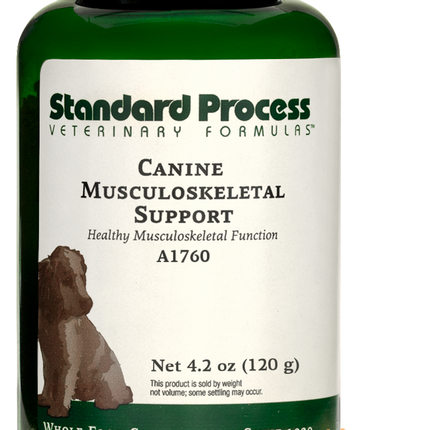 A bottle of Canine Musculoskeletal Support, a powder supplement for dogs’ muscles, ligaments and bone health, next to an image of the powder supplement.