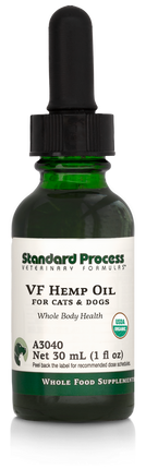 Image of a bottle of liquid VF Hemp Oil from Standard Process Veterinary Formulas next to a dropper that is included with the bottle.