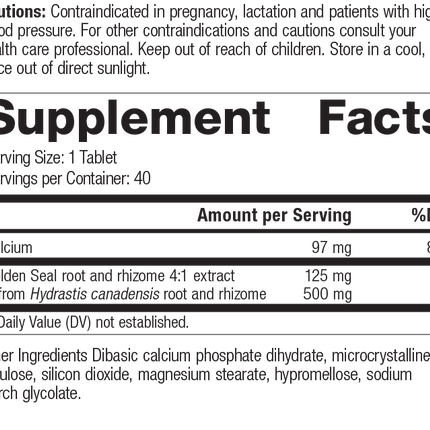Golden Seal 500mg, 40 Tablets, Rev 07 Supplement Facts