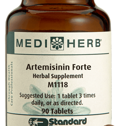 A bottle of Artemisinin Forte next to a tablet.