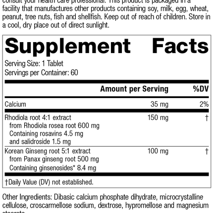 Rhodiola & Ginseng Complex, Rev 09 Supplement Facts