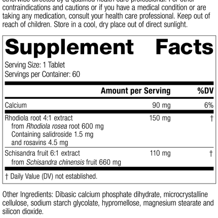 L1800 Rhodiola Schisandra R02 Supplement Facts Label