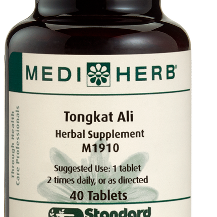 A bottle of MediHerb® Tongkat Ali, a testosterone support supplement for older men, next to a tablet of the supplement.